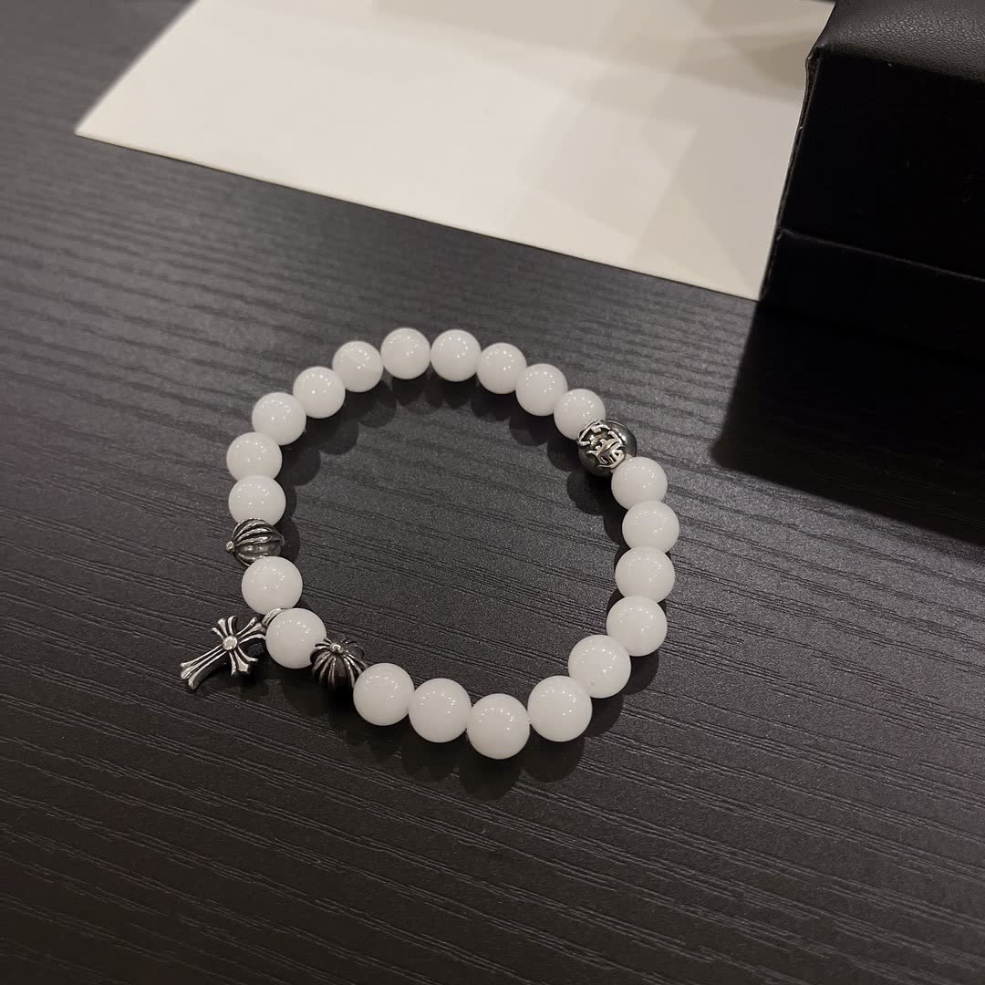 Chrome Hearts White Bead Bracelet with Cross Charm